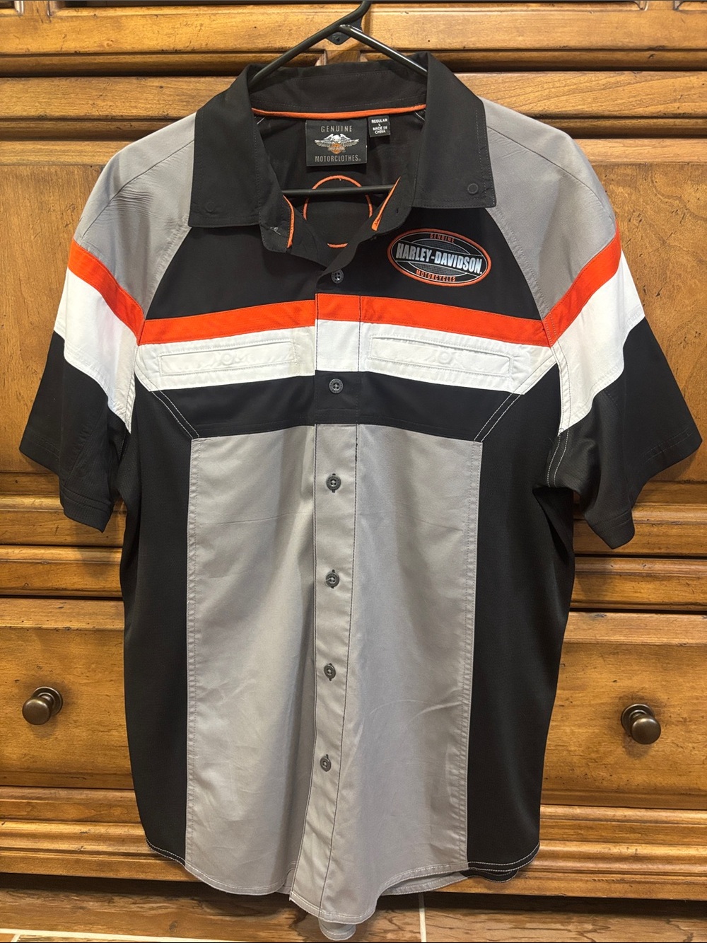 Harley-Davidson Black, Gray & Orange Short Sleeve Button-Down Racing Shirt